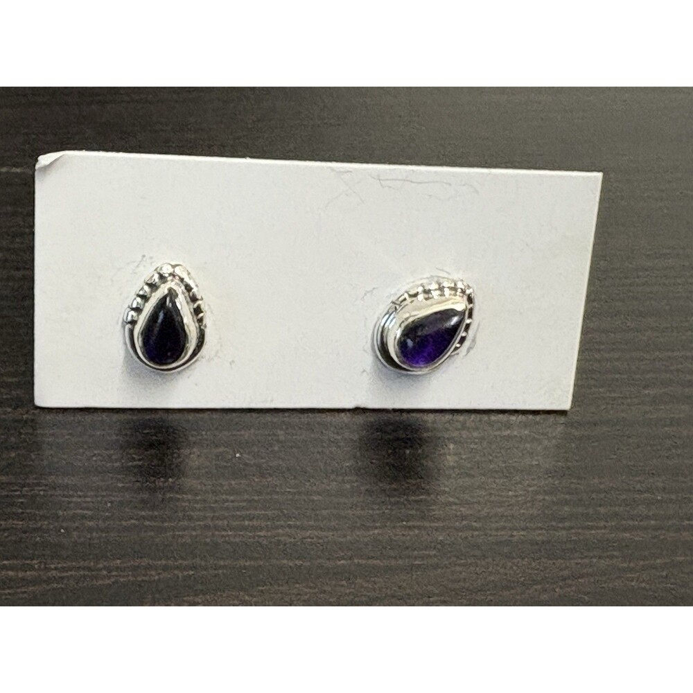 Petite 925 Solid Sterling Silver Genuine Amethyst Bezel Set Post Earrings - Picture 9 of 12